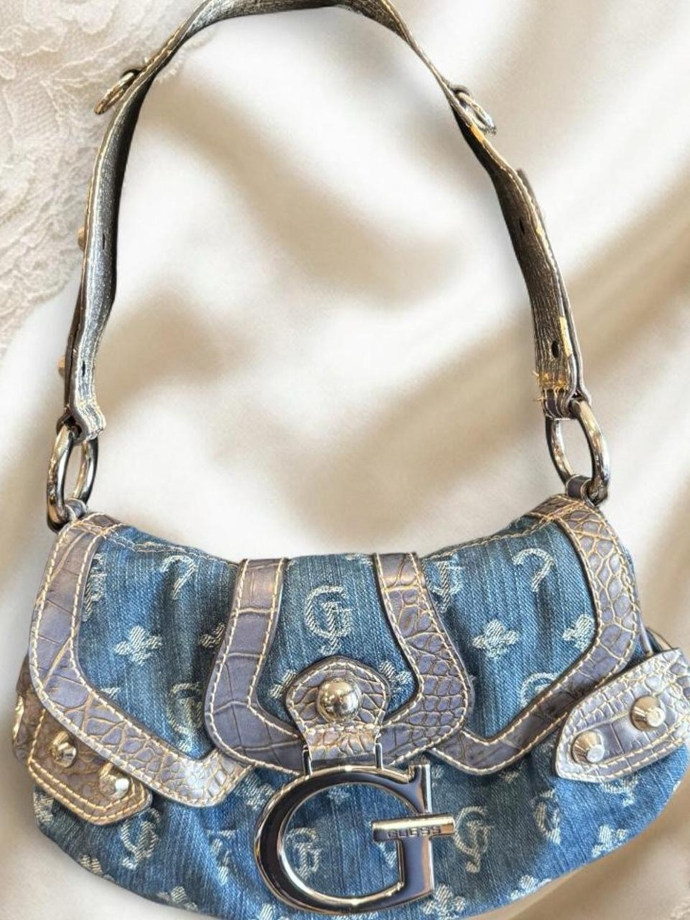 Y2K Guess Blue Denim Logo Shoulder Bag